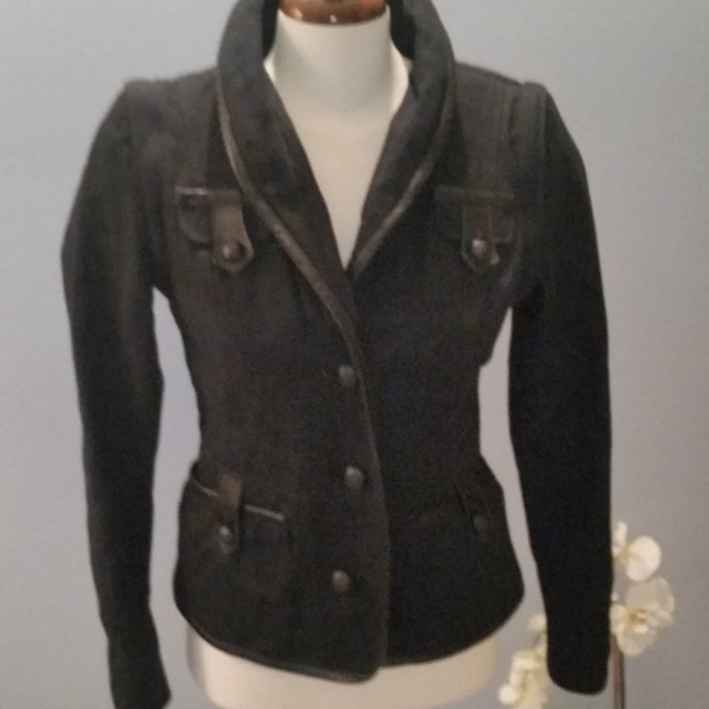 Mackage black military style jacket with leather trim EUC